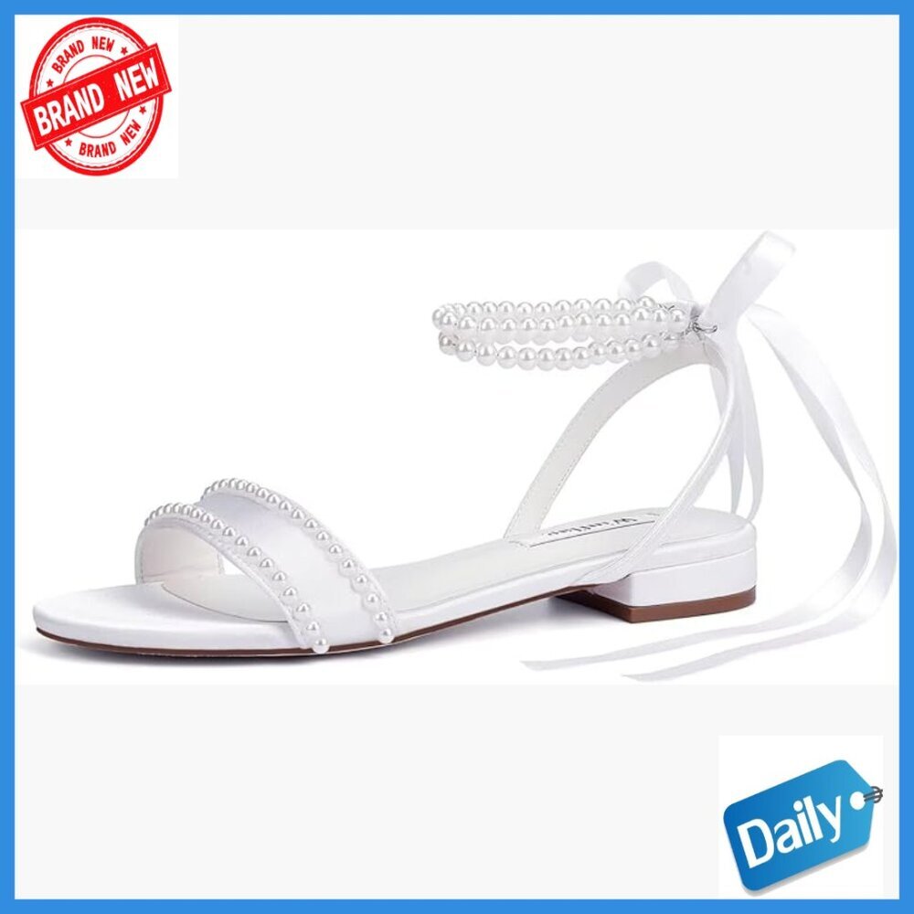 Pearl Embellished Satin Wedding Sandals Open Toe Flat Heel Bridal Shoes